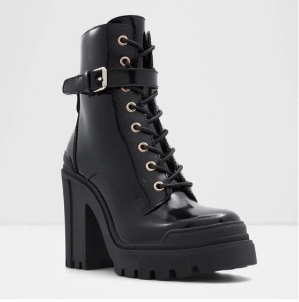 Aldo Uplift Heel Combat Boots 8.5 NWT Black Lace Up 90s Lug Sole Booties Zip